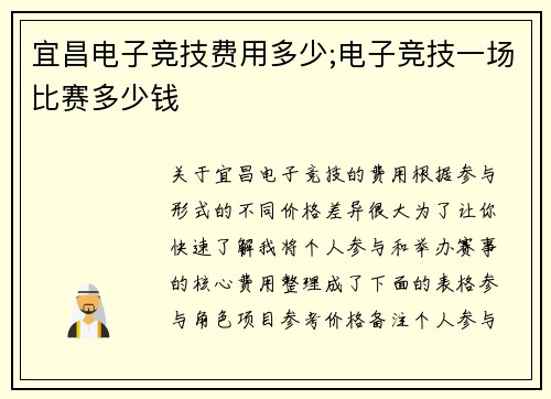 宜昌电子竞技费用多少;电子竞技一场比赛多少钱
